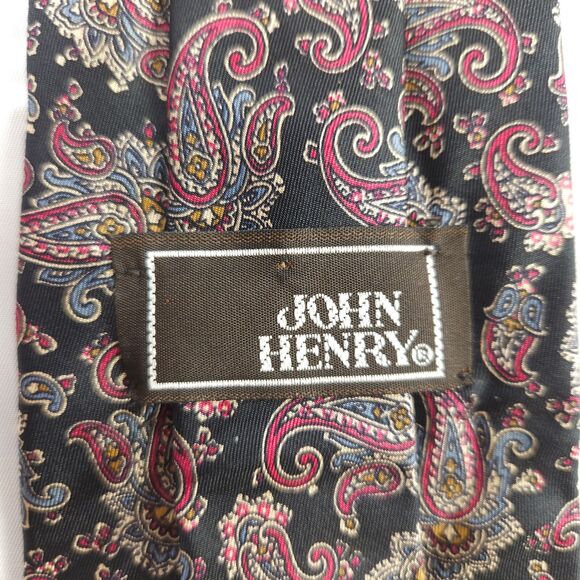 John Henry Black Paisley Silk Mens Tie 57.5" x 3.5" Made in the USA - Picture 3 of 6